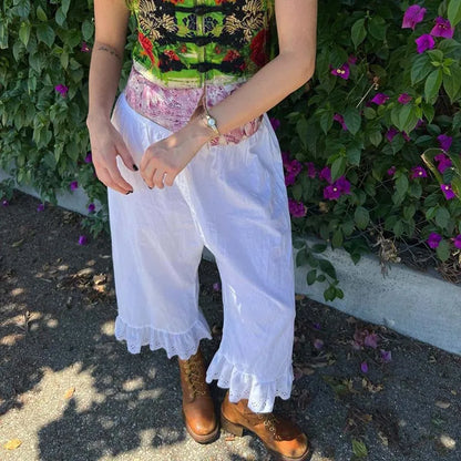 🍒Cottage fairy wide leg pants Y2k aesthetic 00s retro high waist  calf-length trousers Vintage lounge loose fit ruffle hem trousers feminine female fashion wear for women Get Cosy In A  Fairy cottage