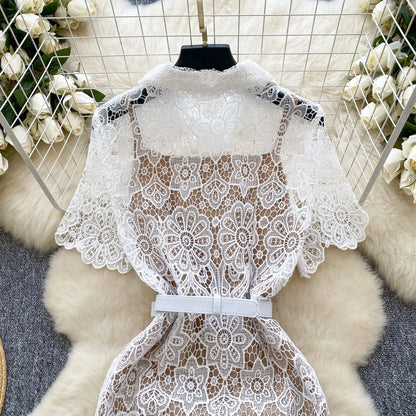 🍒White long lace dress for women short sleeve turn down collar elegant occasion party wedding reception outfit high waist Y2k fashion Lacey Bow Loves This So Will You!