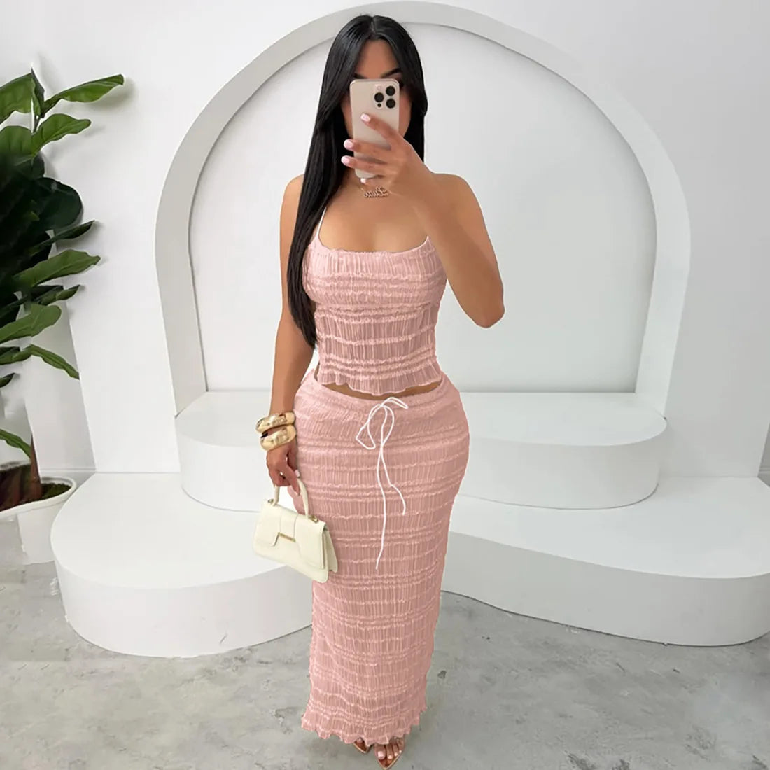 🍒Chiffon two piece set womens summer fashion halter crop top and maxi skirt fashion clothing beach party wear holiday wear smart casual clothes Delicately Delightful