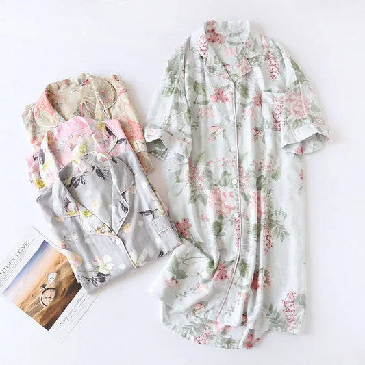 🍒Womens pyjama nightie cotton viscose comfy cardigan nightdress loose fit short sleeve nightgown floral print night wear sleep dress Comfort Cool