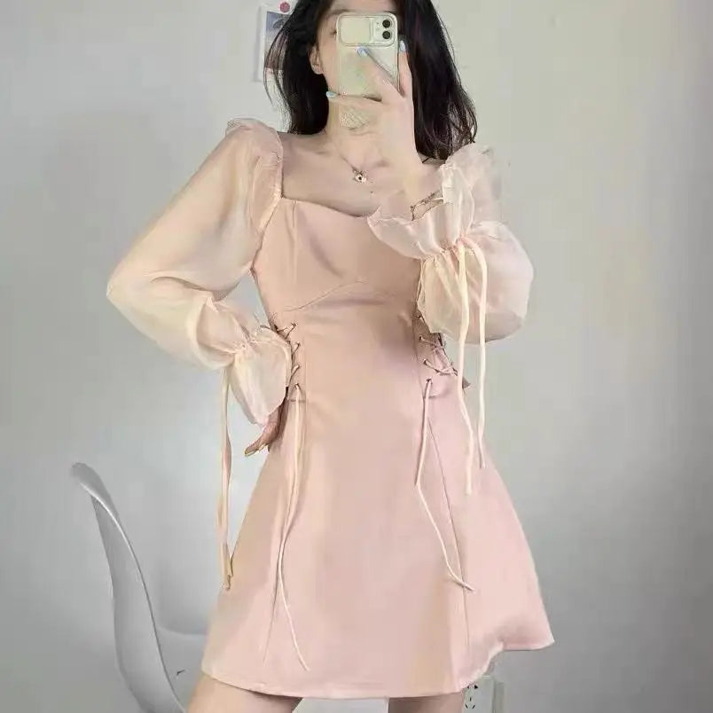 🍒Pink dresses women spring summer sweet heart neckline outfit a-line mini dress with puff sleeves lace up draw string sides waist feminine fashion A- Pretty Pink