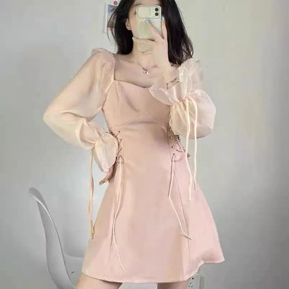 🍒Pink dresses women spring summer sweet heart neckline outfit a-line mini dress with puff sleeves lace up draw string sides waist feminine fashion A- Pretty Pink