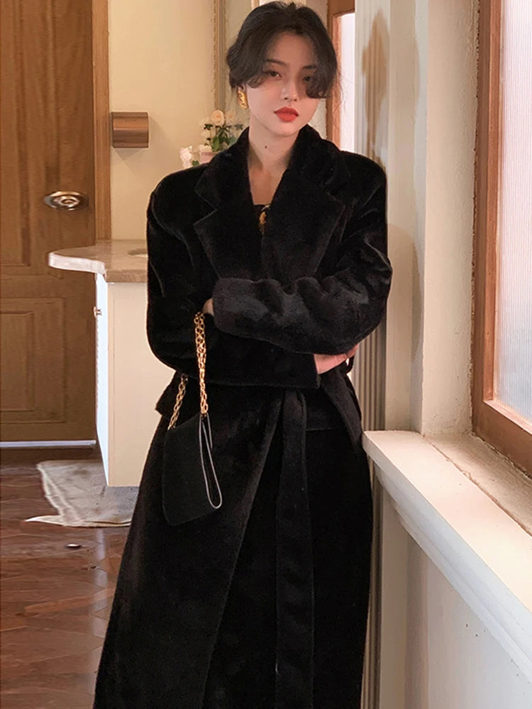 🍒Winter faux fur coat oversized black trench coat womens long black tie belt coat smart casual stylish outerwear