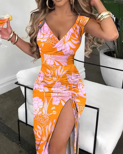 🍒Summer print dress fashion smart casual clothes for women elegant v-neck sleeveless bodycon dress with split front beach party wear Print Your Summer Print