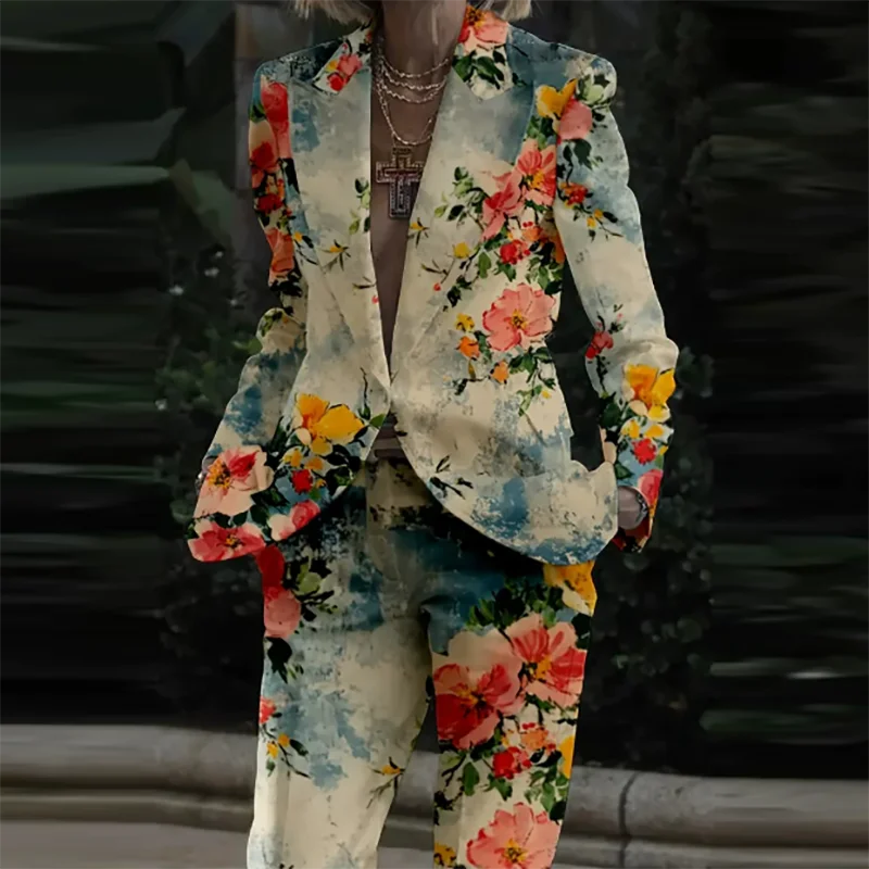 🍒Womens casual suits two piece loose pants set womens lapel long sleeve jacket and trouser set floral fashion pattern print outfit  Look Like Your On A Shoot In A Fruity Suit