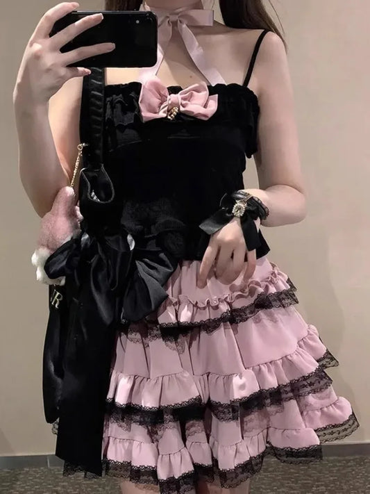 🍒Tiered pink mini skirt harajuku sweet lolita a-line fashion for women Y2k high waist cake skirts with ruched lace summer fashion wear smart casual clothing Put The Cherry On Top And Add This Cake To Your Wardrobe