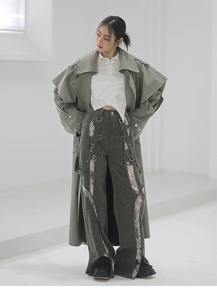 🍒Long oversized trench coat elegant ruffled outerwear for women double breasted luxury designer overcoat runway fashion  Trendy Travel Trench Classic Comfort