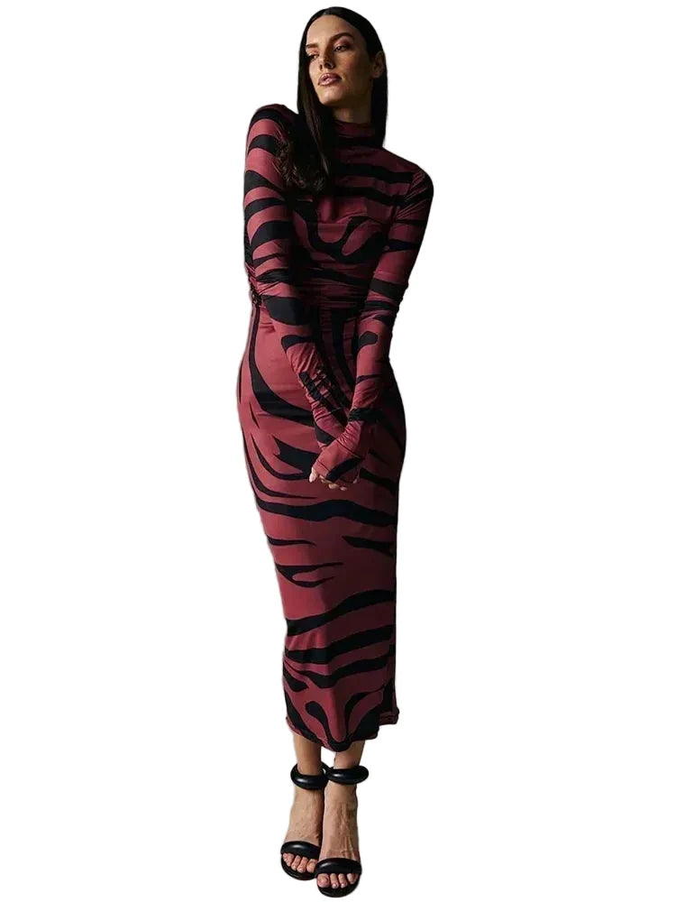 🍒Red striped long dress womens bodycon turtle neck zebra print mesh outfit clubwear party occasion wear clothing                       Catwalk Your Tiger