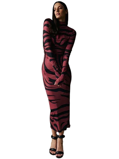 🍒Red striped long dress womens bodycon turtle neck zebra print mesh outfit clubwear party occasion wear clothing                       Catwalk Your Tiger