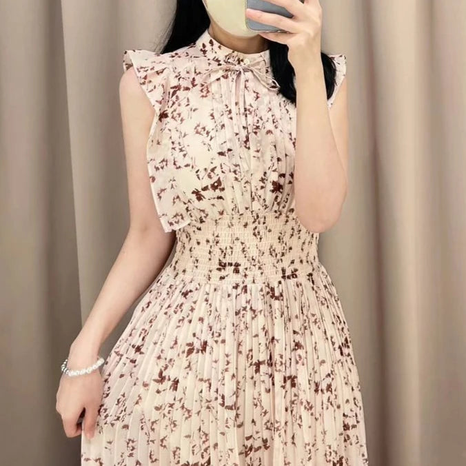 🍒Mid-length dresses for women printed high waisted outfit gentle literary pleated slim exquisite outfit smart casual flloral clothing