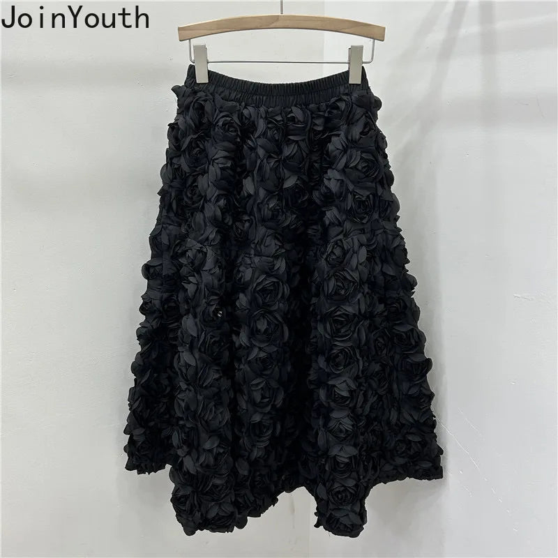 🍒3D flower skirt versatile flower mid-calf a-line fashion wear for women high waist big swing feminine outfit occasion wear party wear chic floral high waist a-line sweet solid colour clothing Pick This Rose And Put It In Your Basket