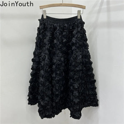 🍒3D flower skirt versatile flower mid-calf a-line fashion wear for women high waist big swing feminine outfit occasion wear party wear chic floral high waist a-line sweet solid colour clothing Pick This Rose And Put It In Your Basket