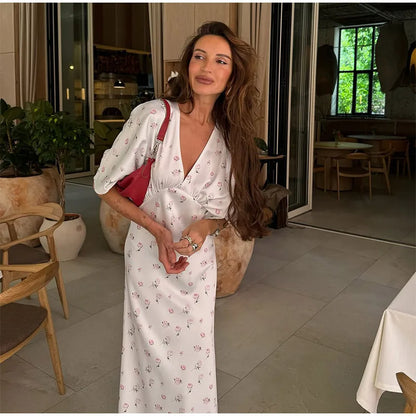 🍒Summer printed v-neck dress  with flower print womens fashion slim fit waist short butterfly sleeve long summer outfit with short sleeves high waist office wear cute comfy casu classy
