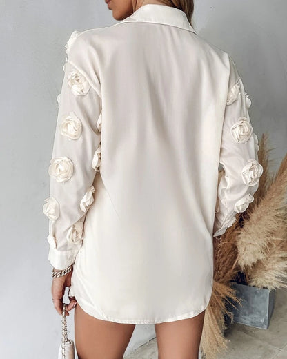 🍒Two piece sets women flower-embroidery floral fashion turn-down collar shirt buttoned and high waist shorts with pockets design smart casual clothes Pretty Cut Rose