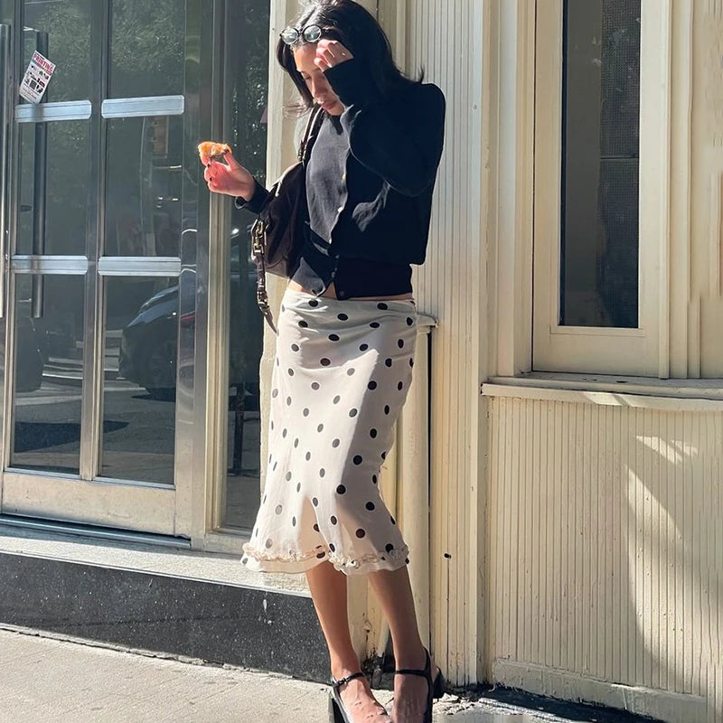 🍒Polka dot high waist skirt  womens chiffon lace skirt over knees fashion office lady elegant a-line summer wear No Polka -ing Fun At This Fun Polka