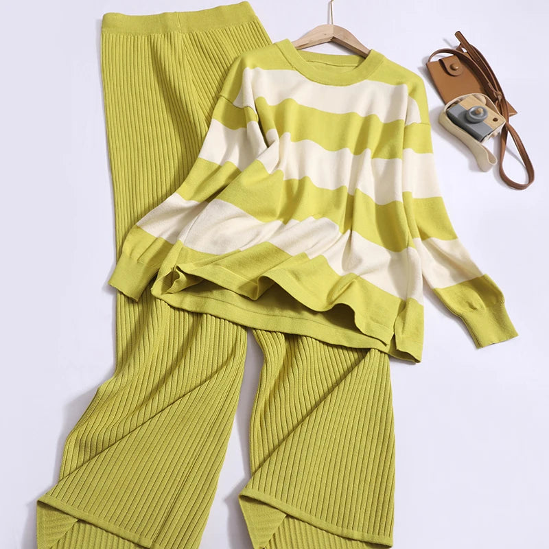 🍒Summer two-piece sets women’s contrast Colour striped top o-neck long sleeve plus casual high waist wide leg pants Suit Yourself With Stripes