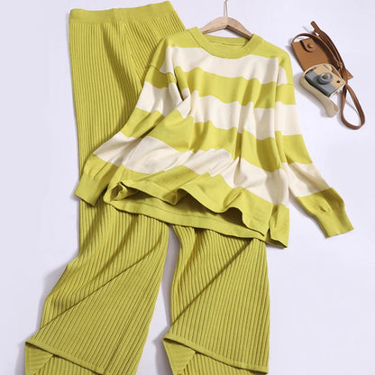 🍒Summer two-piece sets women’s contrast Colour striped top o-neck long sleeve plus casual high waist wide leg pants Suit Yourself With Stripes