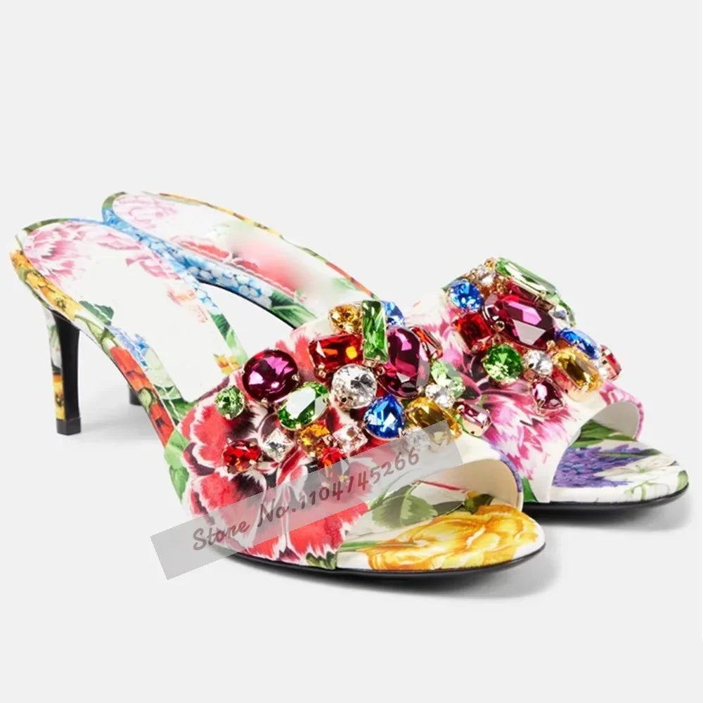 🍒Printed sandals mules floral mid heels red yellow multi-color  crystal shoes for women sandals for wedding guests gem stone embellished party slippers for women occasion footwear modern slip on pumps Pump Up Your Foowear Wardrobe
