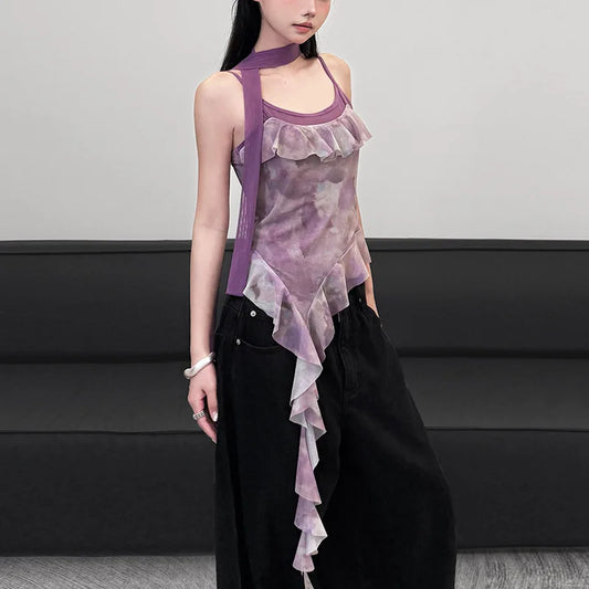 🍒Women's ruffled top straps vest casual outfit cami with ruffles asymetric fashion party occasion wear TAiLor  Your Fashion Move To MAUVE