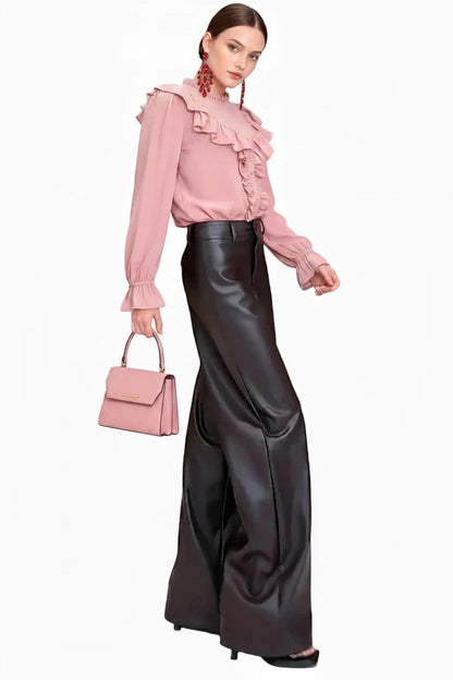 🍒High waist pu leather pants deep brown smart casual women floor length boot cut leather trousers occasion party wear clothing CUT out the chase for a BOOT boost
