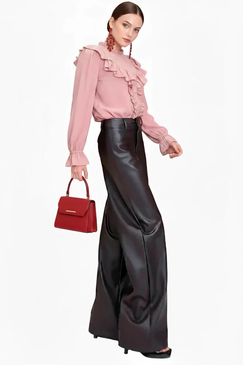 🍒High waist pu leather pants deep brown smart casual women floor length boot cut leather trousers occasion party wear clothing CUT out the chase for a BOOT boost
