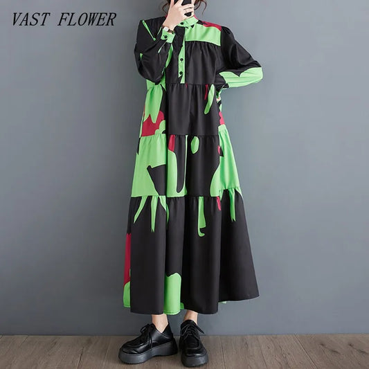 🍒Oversized vintage dress floral women casual loose autumn spring summer wear outfit midi length elegant long sleeve clothing fashion smart casual clothes Colour Cool