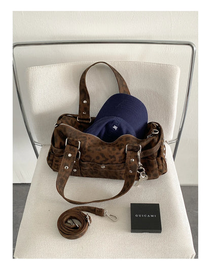🍒Vintage leopard handbag rivet bag motorcycle barrel shaped crossbody bag boston casual female shoulder fashion totes  Jump On This Animal Its Barrels Of Fun