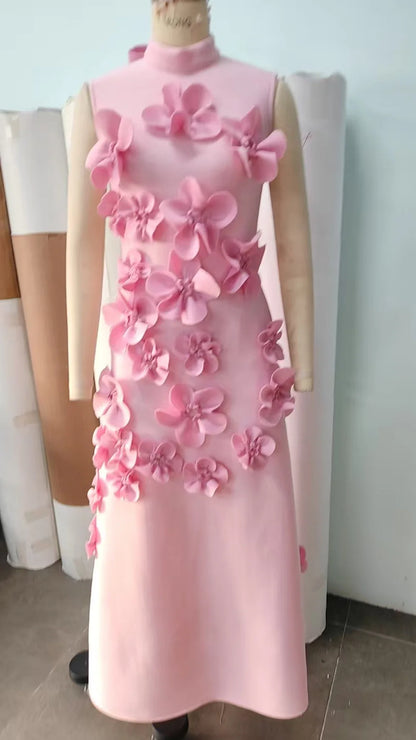 🍒3D flower dress stand neck a-line midaxi outfit for summer evening fashion occasion  partywear fashion Three Sixty 3D
