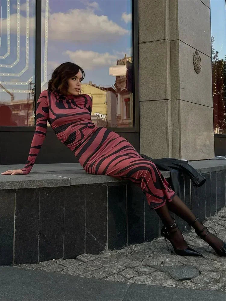 🍒Red striped long dress womens bodycon turtle neck zebra print mesh outfit clubwear party occasion wear clothing                       Catwalk Your Tiger