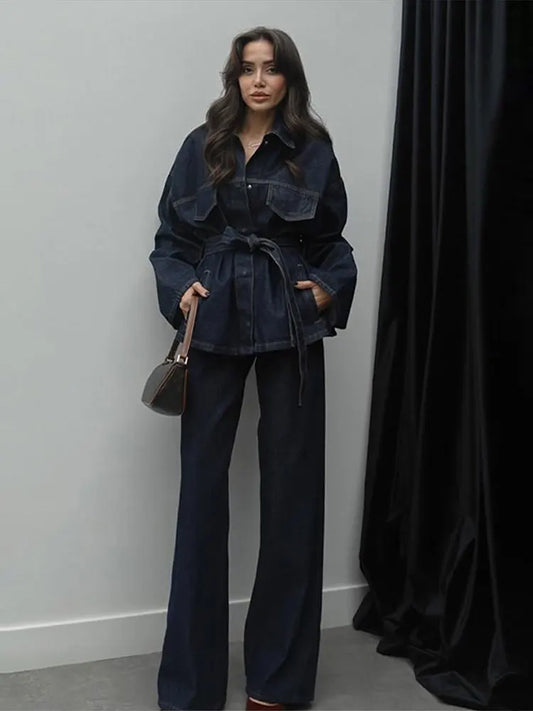 🍒Belt denim Jacket and Pants Sets shirt style jacket women butt up coat and straight trousers suit loose autumn Ladies outfits Dressy Denim