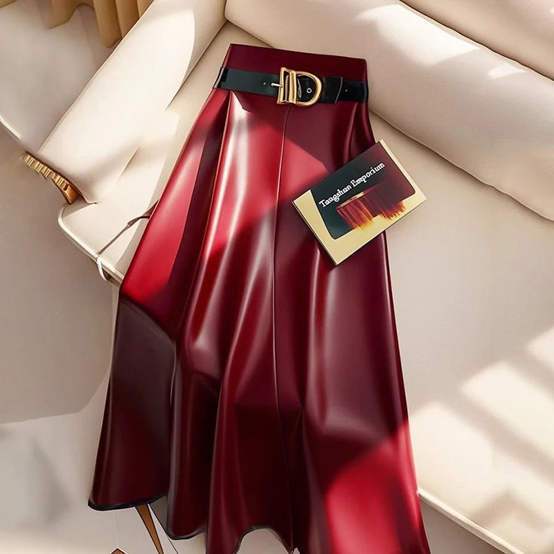 🍒Red pu skirt high end goddess fashion a-line leather midi mid length umbrella skirt occasion party wear Get A Little Bottle with A Burgundy