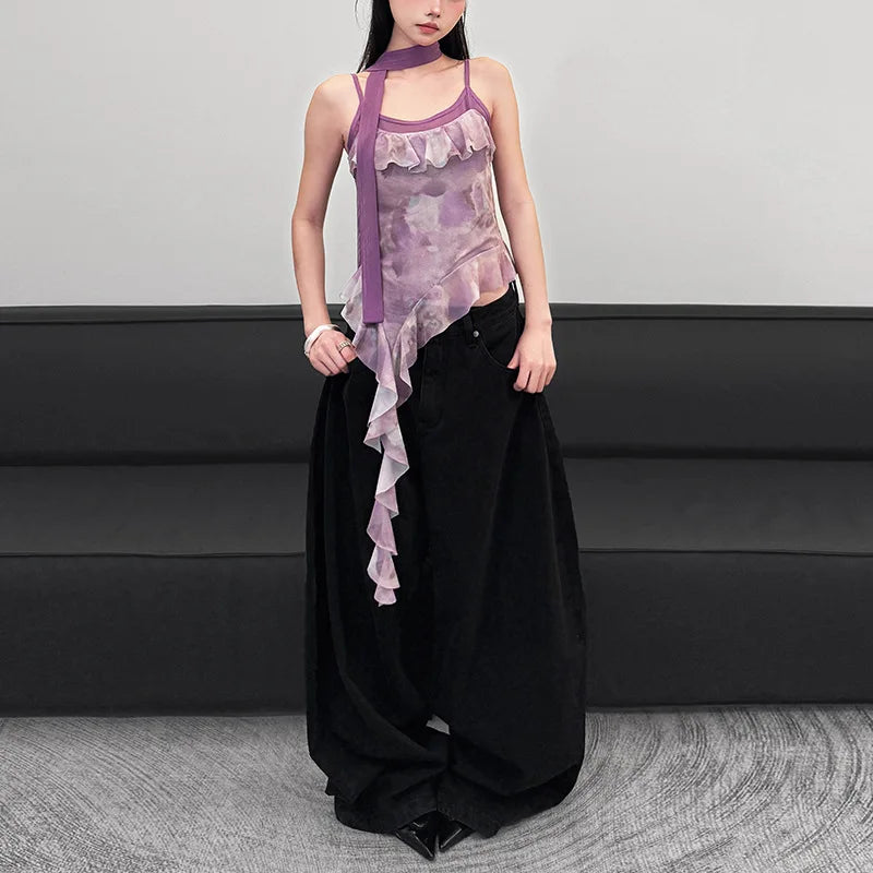 🍒Women's ruffled top straps vest casual outfit cami with ruffles asymetric fashion party occasion wear TAiLor  Your Fashion Move To MAUVE