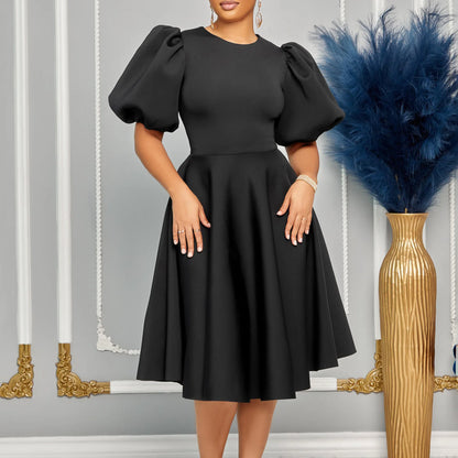🍒Elegant dresses for woman o neck short sleeve outfit for birthday party high waisted pleated puff sleeves female fashion wear occasion wear evening party wear mid calf luxury B'day Bopper Beauty Babe