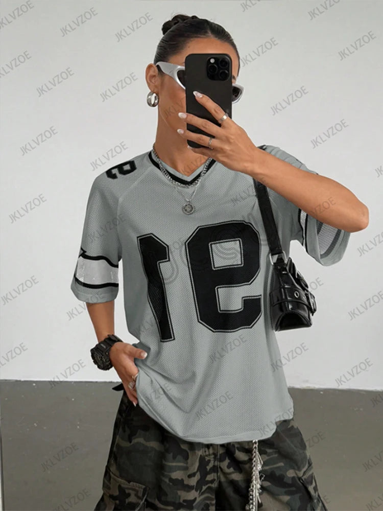🍒Summer print t-shirt v-neck patchwork short sleeve sports top for women football Jersey y2k loose oversized tops  have a BALL with BASEic-ies