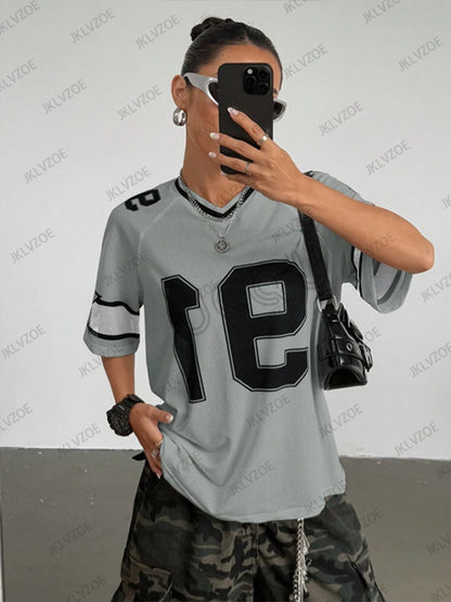 🍒Summer print t-shirt v-neck patchwork short sleeve sports top for women football Jersey y2k loose oversized tops  have a BALL with BASEic-ies