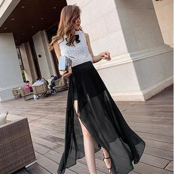 🍒White chiffon skirt maxi fashion mixed media for Women temperament summer high waist mesh fashion chic patchwork inner and outer mesh  occasion party wear Not Short Of Transparency