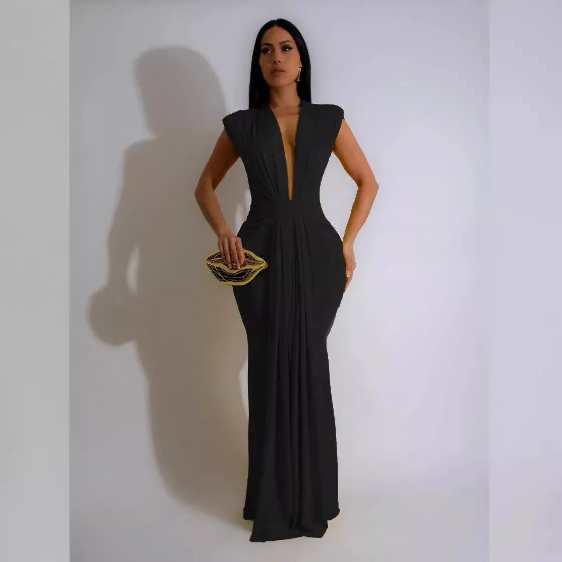 🍒Womens deep v maxi dress  long  sleeveless solid bodycon fitted waist outfit dressy drape colourful evening wear Spend A Colourful HOUR With A GLASS