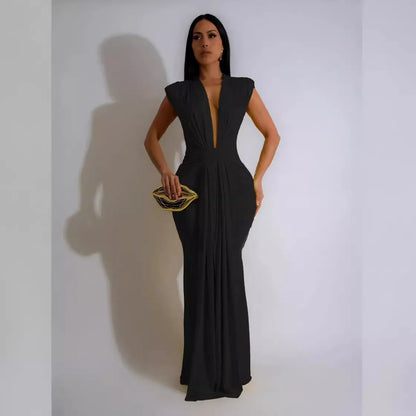 🍒Womens deep v maxi dress  long  sleeveless solid bodycon fitted waist outfit dressy drape colourful evening wear Spend A Colourful HOUR With A GLASS