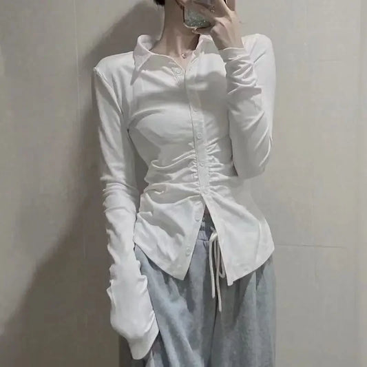 🍒Button up women's shirt top full sleeve womens blouses striped cropped shirt aesthetic elegant social chic fashion clothes