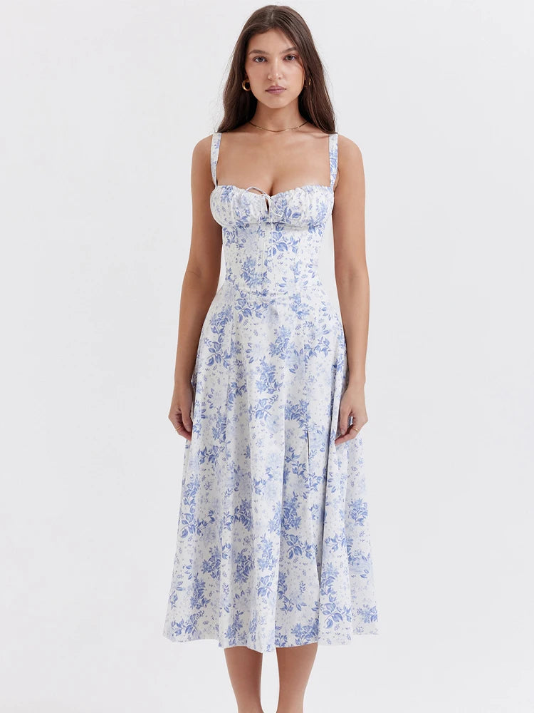 🍒Floral printed summer dress balconette elegant solid sleeveless slip for women dress fitted waist with flared skirt a-line outfit Bask In A Foral Balcon(y)-nett