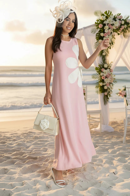 🍒Floral placement dress sleeveless summer fashion for women floral outfit printed waist hollow out maxi dress female casual wear holiday wear beach party clothing Sleeveless Back zipper vacation wear  Be A flower Girl On The Side