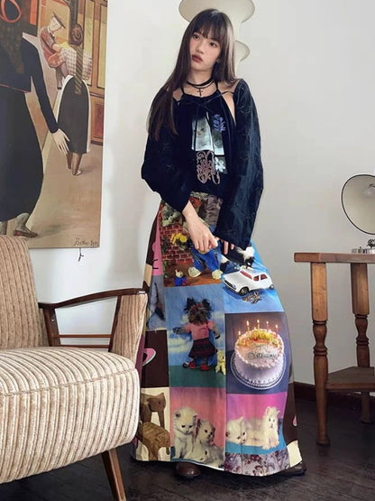 🍒Cartoon maxi skirt high waist long design aesthetics printed clothes for women spring summer fashion cute vintage style smart casual clothing Get Blown Away With This Candle Cake skirt