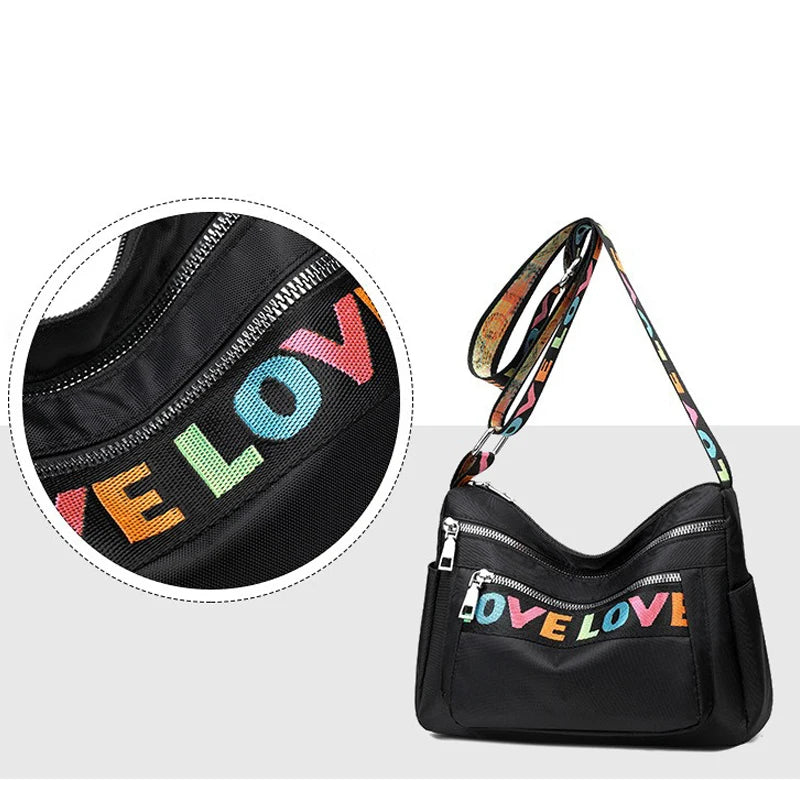 🍒Womens handbag oxford fabric bag large capacity crossbody with multiple compartments fashion accessory casual carry bag with colourful font Get A Handle On Love