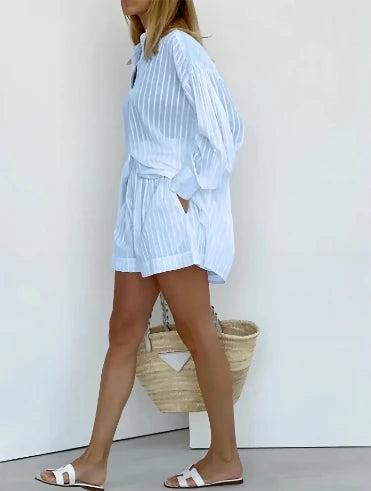 🍒Women's fashion two piece Set outfit striped puff sleeve shirt and shorts matching set casual clothes Feel Cool In This Airy Pair