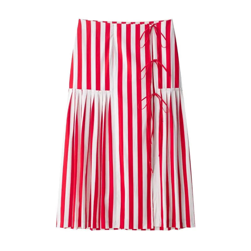 🍒Striped skirt with bow high waist french style chic vintage office wear summer fashion wear midi skirt for women smart casual wear occasion clothing Feel Sweet in A Candy Cane