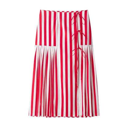 🍒Striped skirt with bow high waist french style chic vintage office wear summer fashion wear midi skirt for women smart casual wear occasion clothing Feel Sweet in A Candy Cane