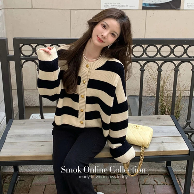 🍒Striped womens cardigan Y2K asthetics sweet knitted jacket retro long sleeve sweater weather clothes spring autumn wear loose casual crop tops Cherri And Cream Stripe Delight
