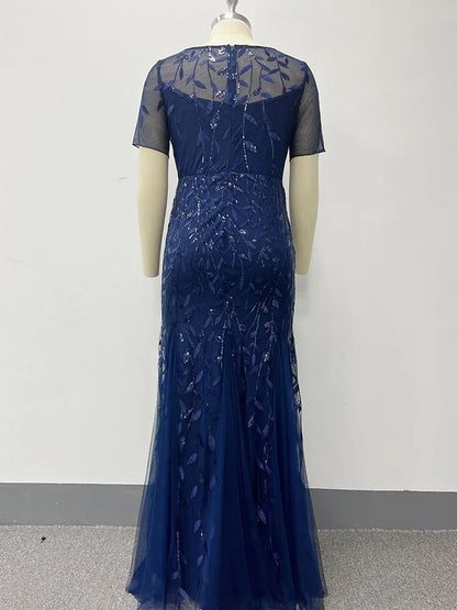 🍒Plus size sequin mesh dress mermaid evening gown beaded leaves pattern party occasion wear prom gowns short Sleeve sparkly outfits for women Fish Dish For Christmas