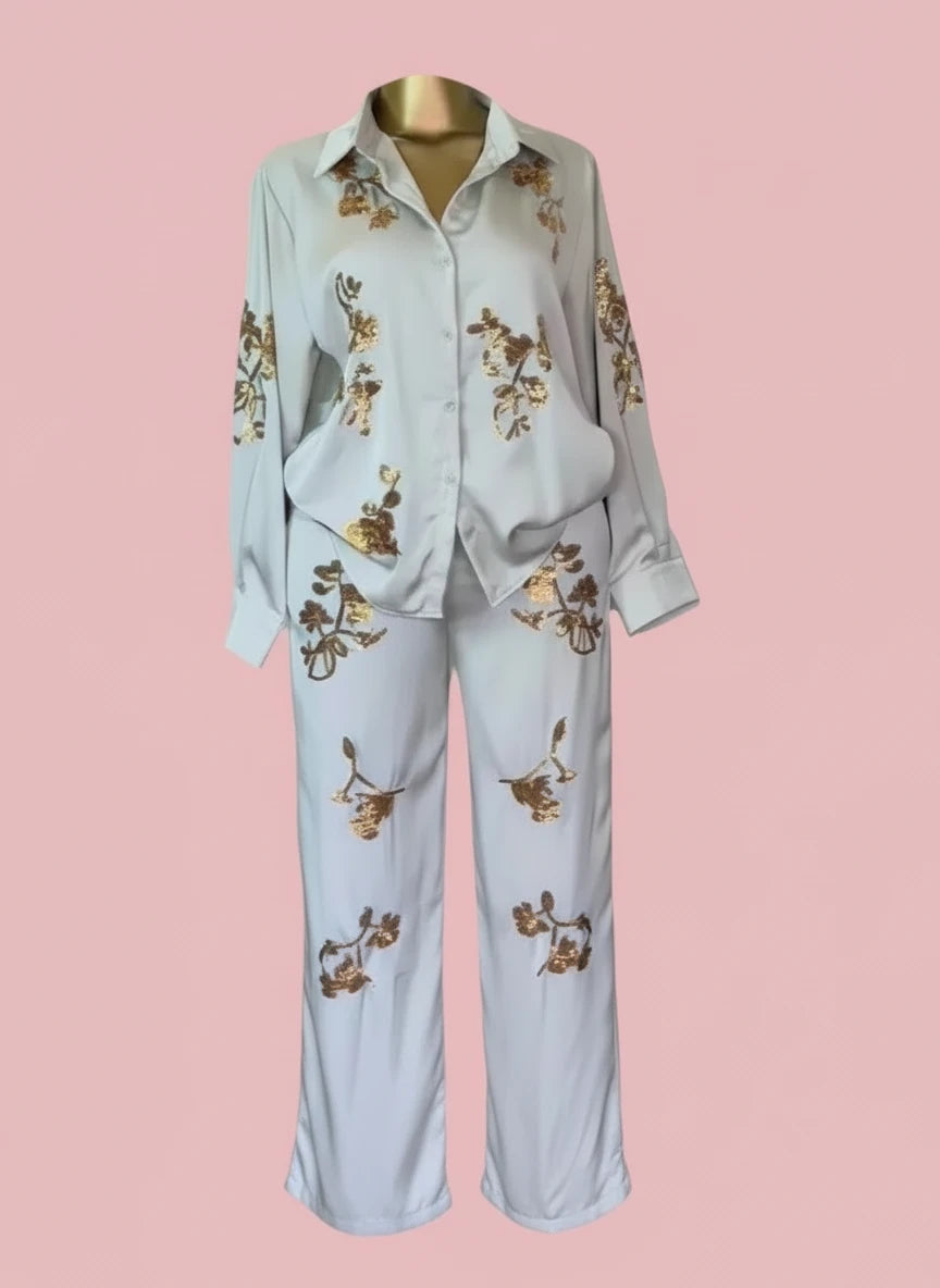 🍒Sequin two piece set long sleeve shirt top with elasticated waist party trousers smart casual clothing occasion outfit for women holiday vacation clothes for beach party Suitable Satin