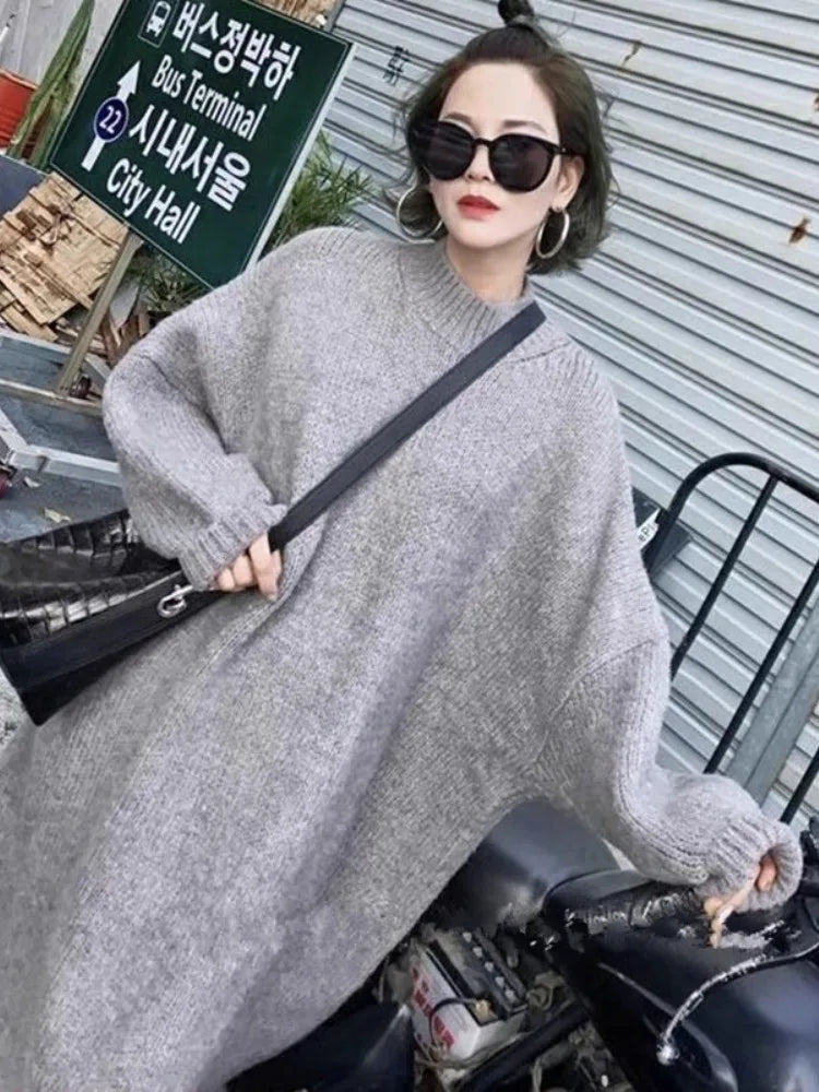 🍒 Round neck sweater dress winter woollen dresses plus size maxi outfit thick and loose oversize fashion clothing casual wear women No Sweat Sweater Dress